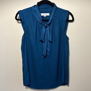 LOFT Women's Blue Sleeveless Tie-Neck Silky Shirt Blouse Top - Size S